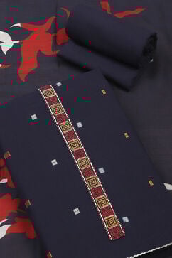 Navy Blue Cotton Unstitched Suit Set image number 3