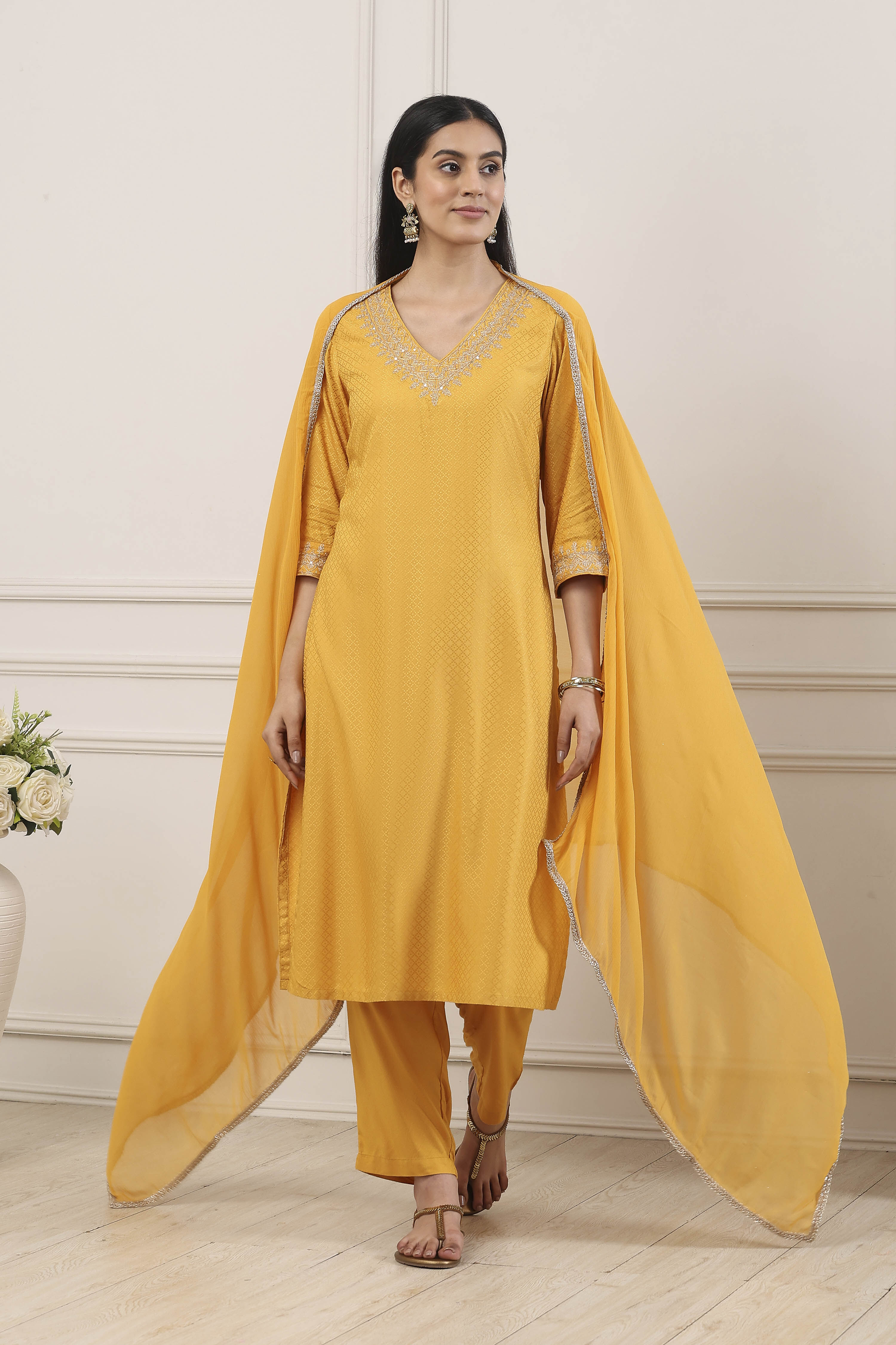 Yellow Viscose Rayon Straight Suit Set image number 0