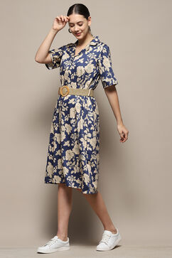 Blue Pure Cotton Floral Printed Straight Dress image number 3