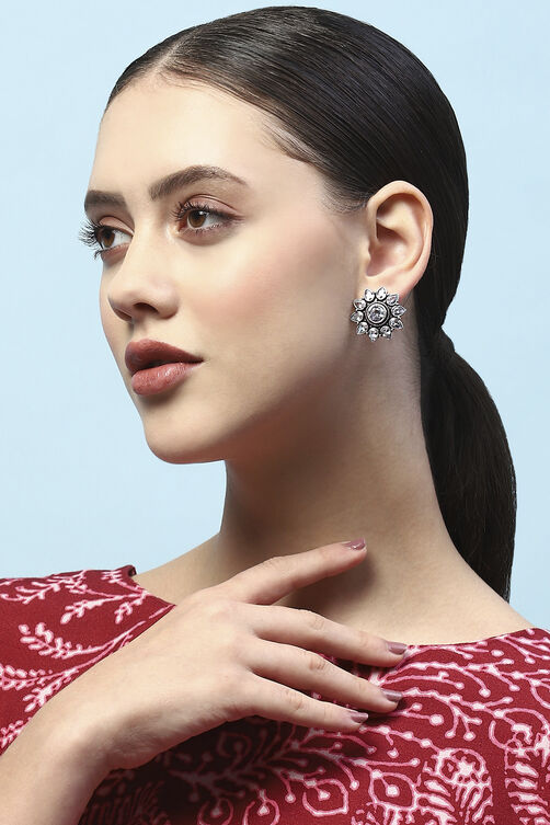 White Oxidised Stone Studded Floral-Shaped Studs image number 1