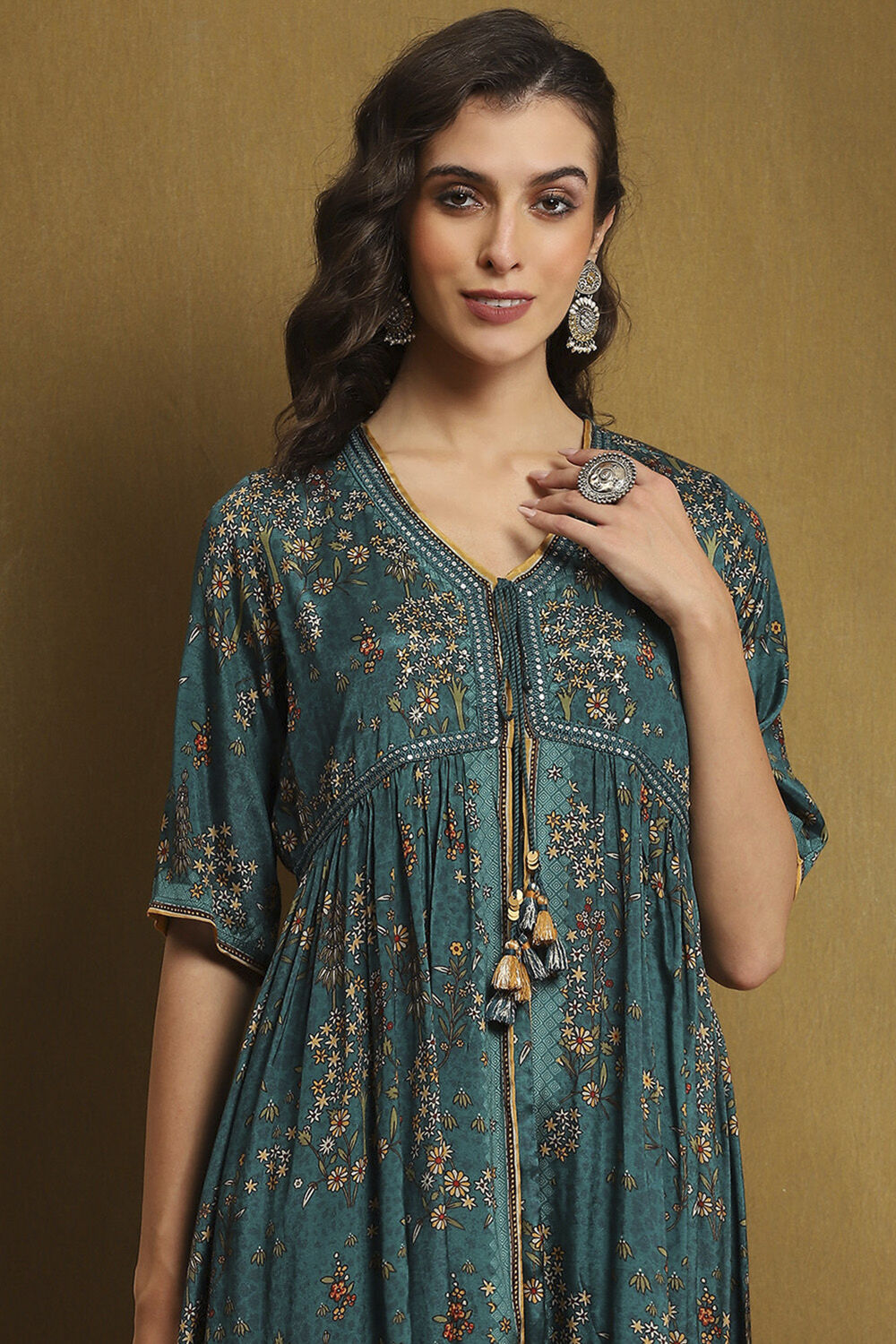 Teal Shantoon Block Printed Festive Flared Kurta image number 1