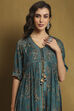 Teal Shantoon Block Printed Festive Flared Kurta image number 1