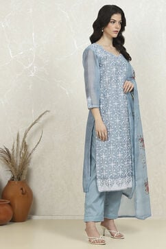 Blue Chanderi Machine Embroidered Unstitched Suit Set image number 6