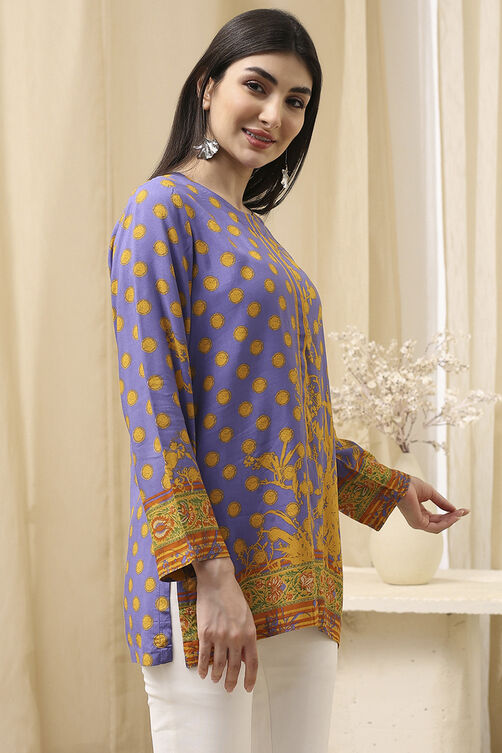 Purple Muslin Printed Straight Short Kurta image number 3