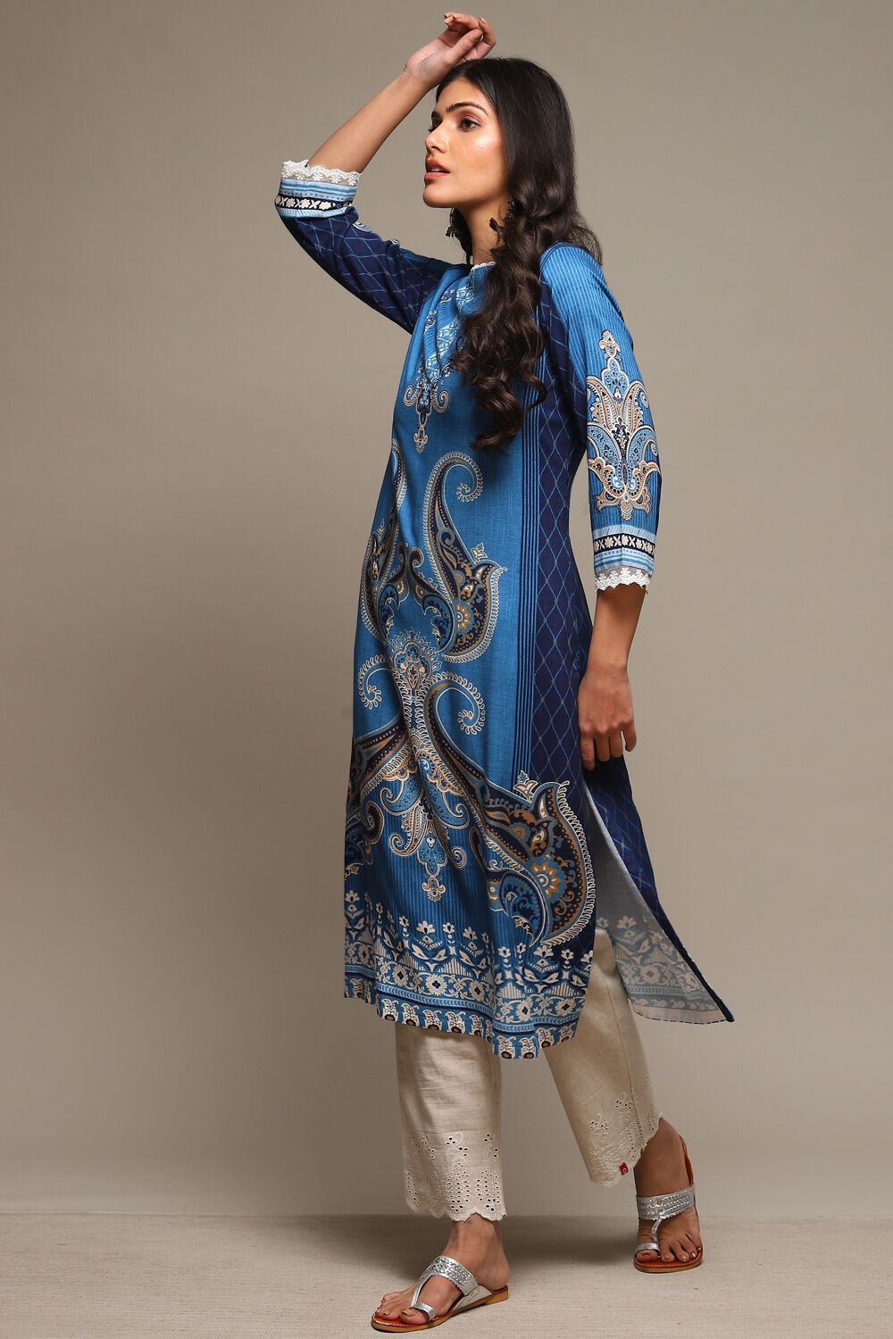 Navy LIVA Straight Printed Kurta image number 0
