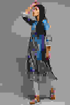 Navy LIVA Straight Printed Kurta image number 0