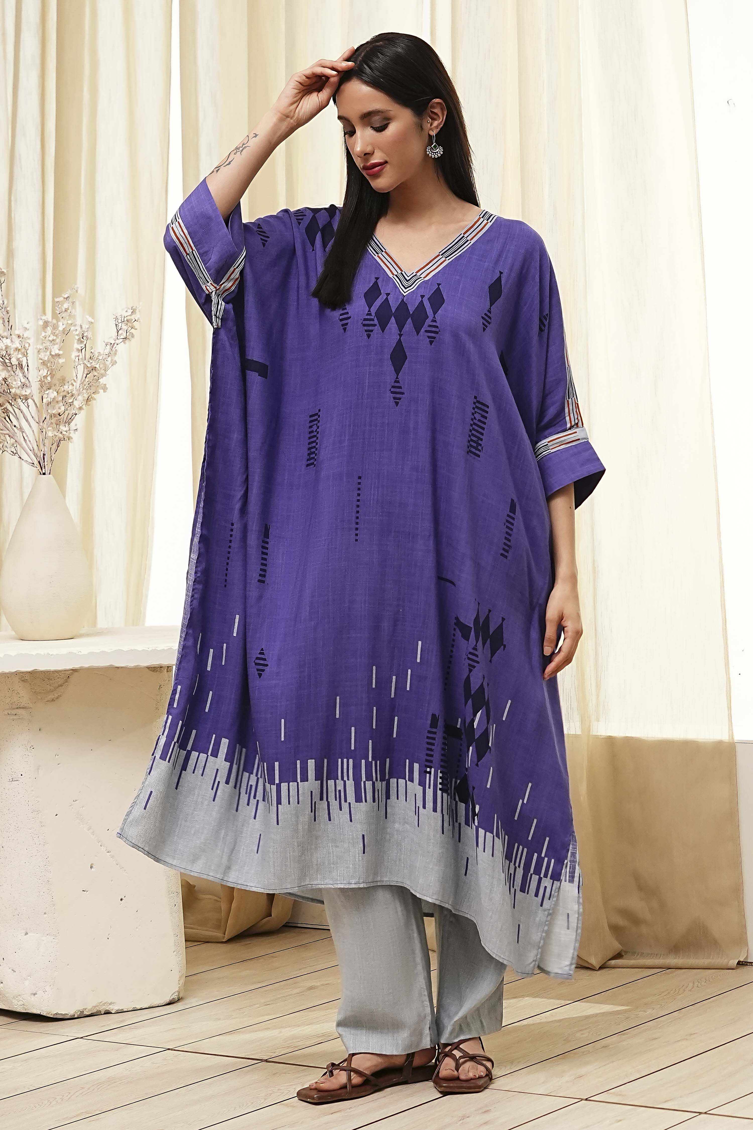 Blue Printed Kaftan-Style Kurta Set image number 0