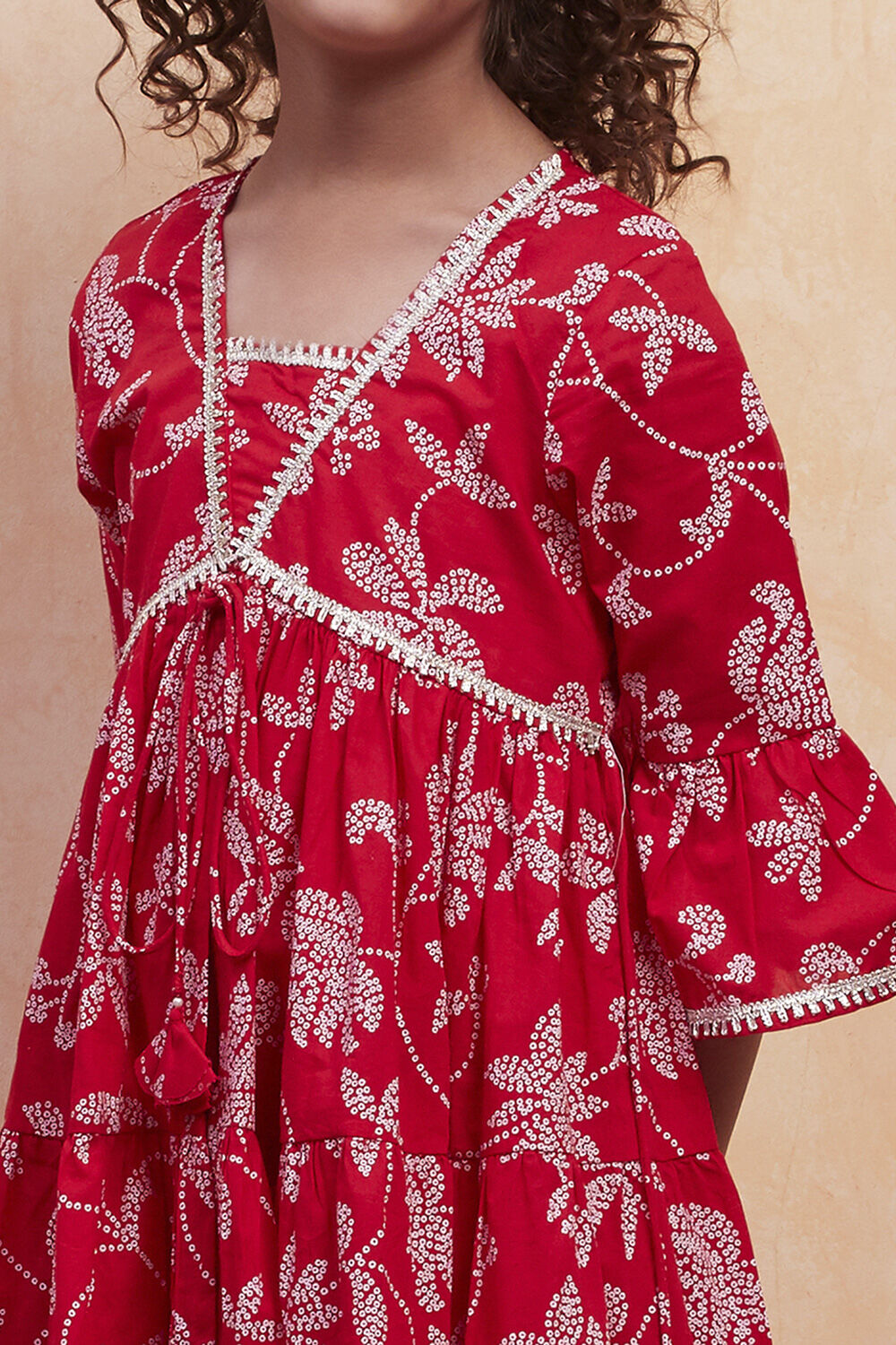 Red Cotton Printed Tiered Kurta Set image number 1