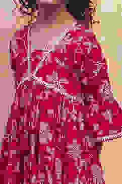 Red Cotton Printed Tiered Kurta Set image number 1