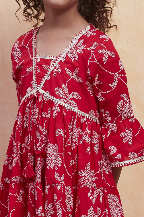 Orange Cotton Printed Tiered Kurta Set image number 1
