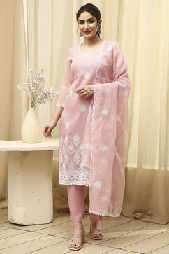 Pink Cotton Machine Embroidered Unstitched Suit Set image number 7