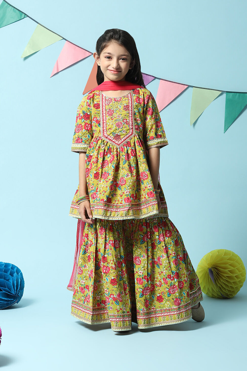 Lime Green Cotton Gathered Printed Kurta Sharara Suit Set image number 7