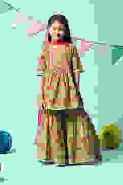 Lime Green Cotton Gathered Printed Kurta Sharara Suit Set image number 7