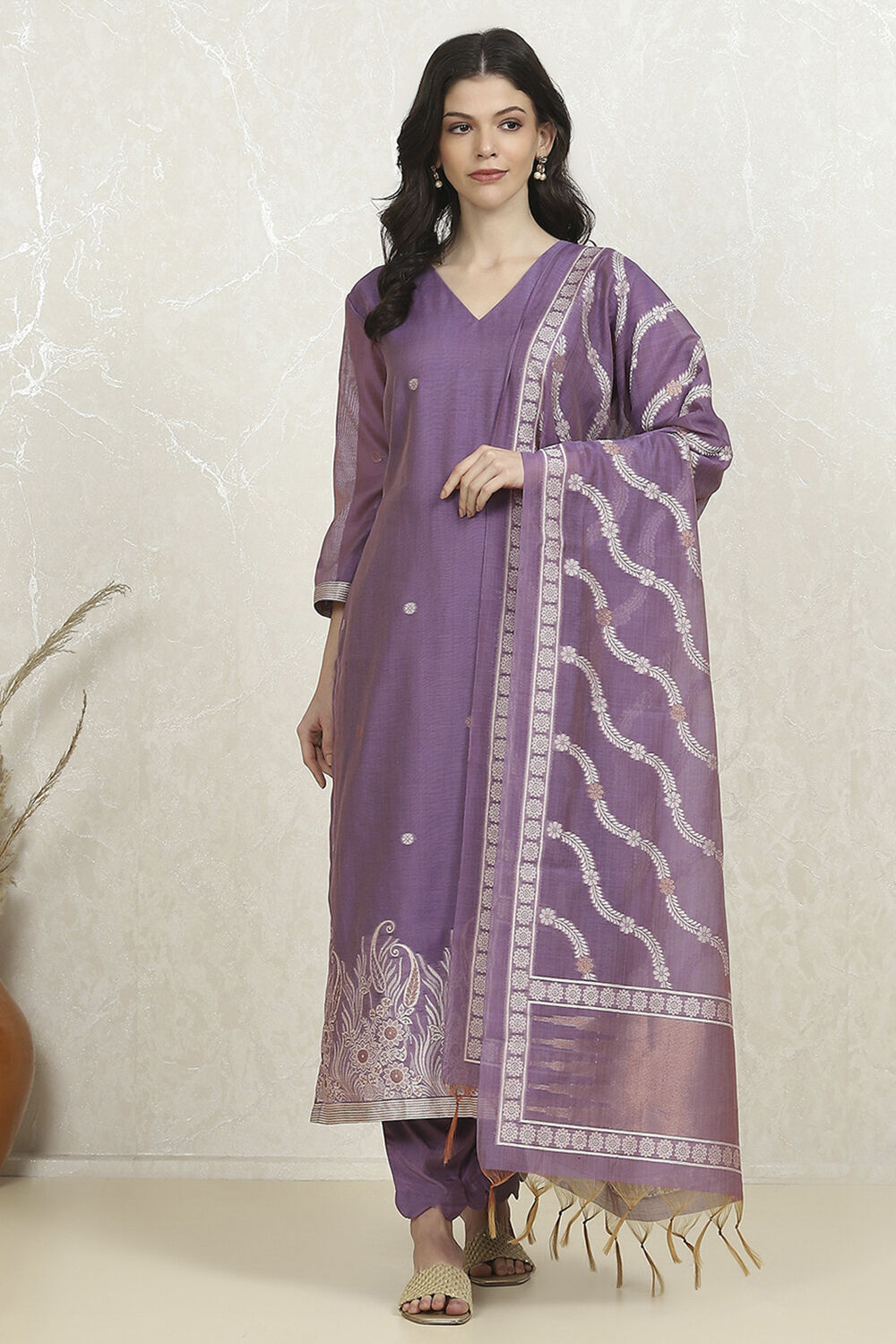 Lavender Chanderi Weave Unstitched Suit Set image number 7