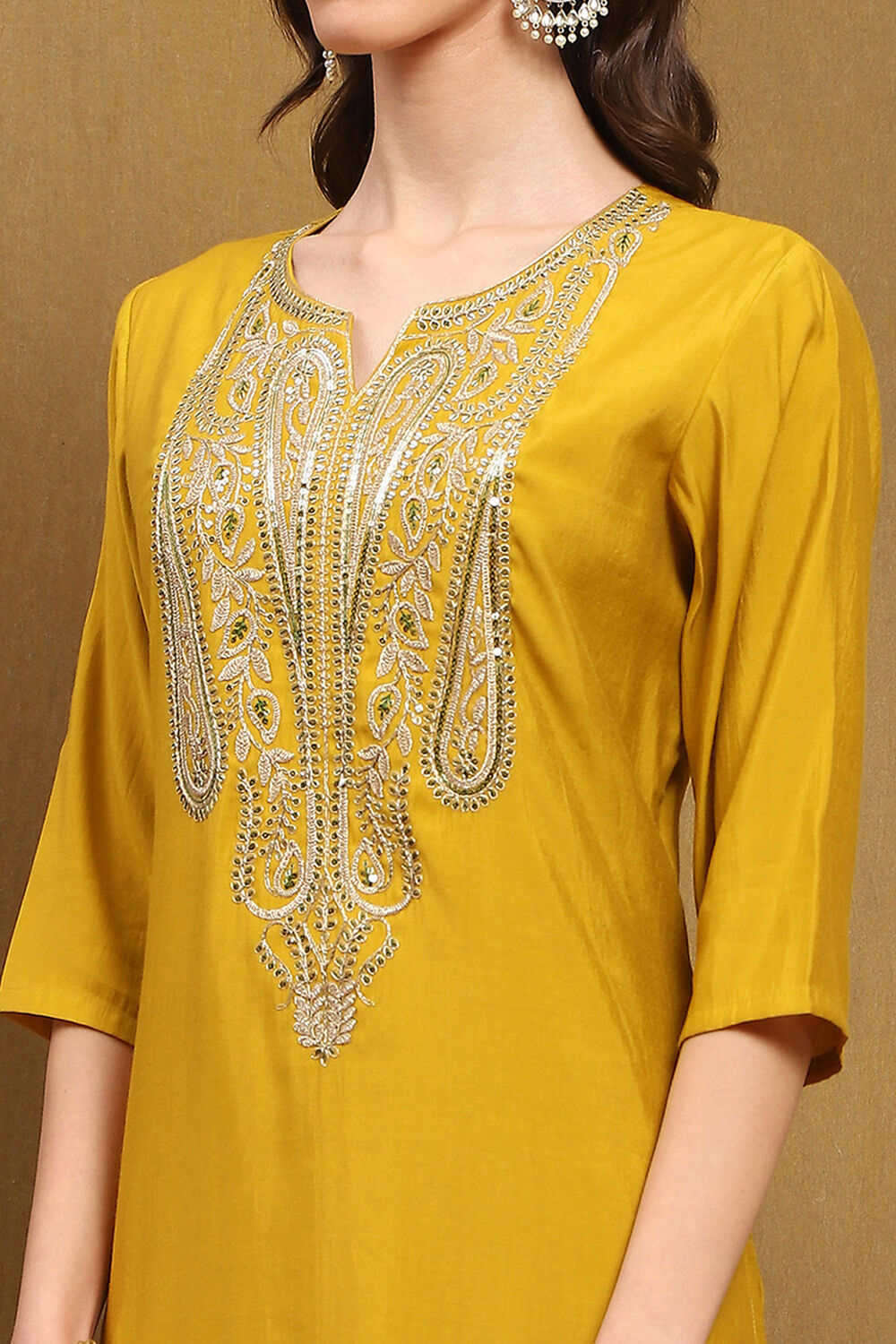 Mustard Yellow Chanderi Embroidered Unstitched Suit Set image number 6