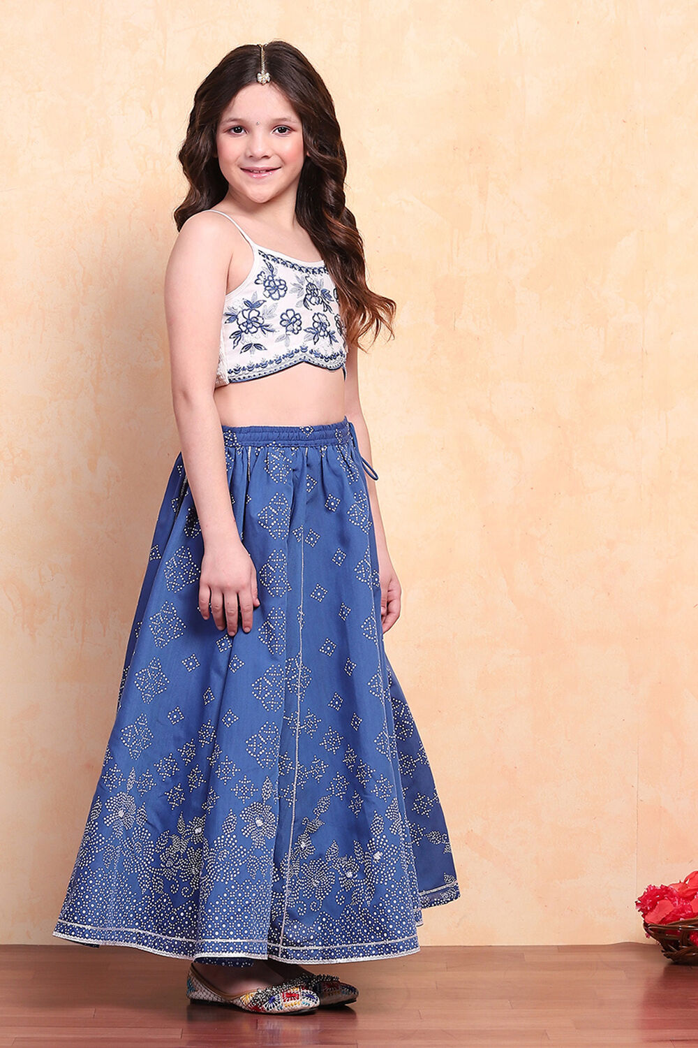 Blue-White Poly Chanderi Short Straight Lehenga Set image number 6