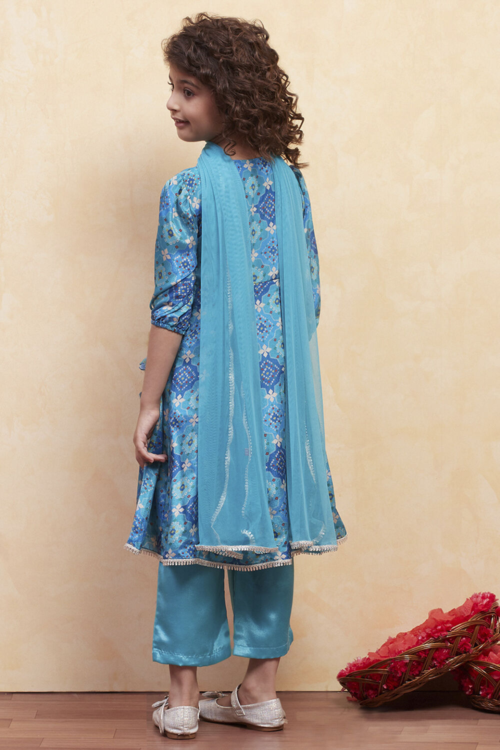 Turquoise Angrakha Printed Flared Suit Set image number 4