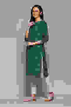 Green Cotton Straight Printed Kurta image number 2