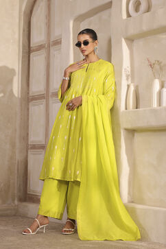 Lime Green Silk Gathered Yarndyed Suit Set image number 6
