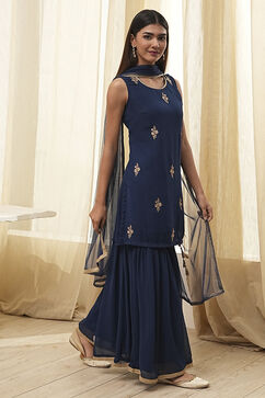 Blue Embroidered Straight Suit Set image number 5
