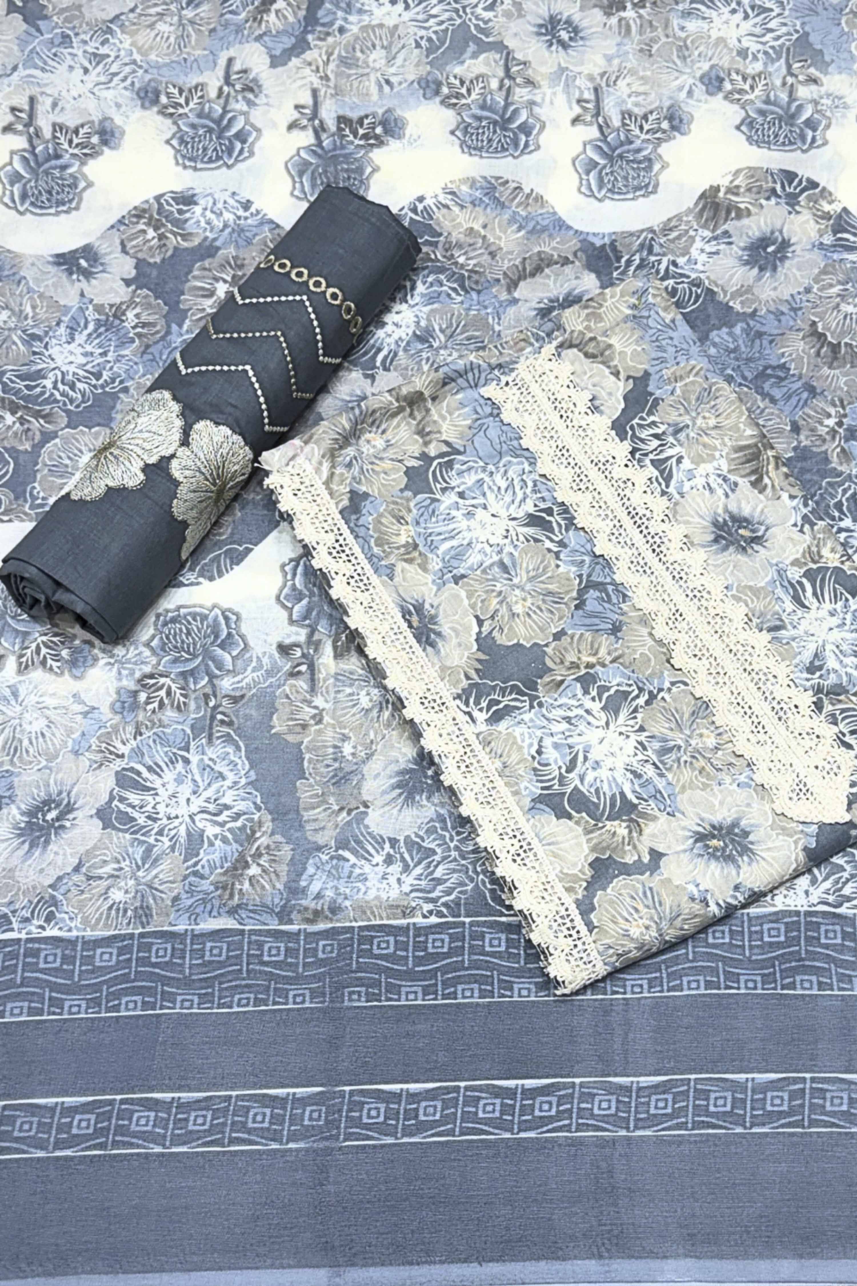 Grey Cotton Printed Unstitched Suit Set image number 0