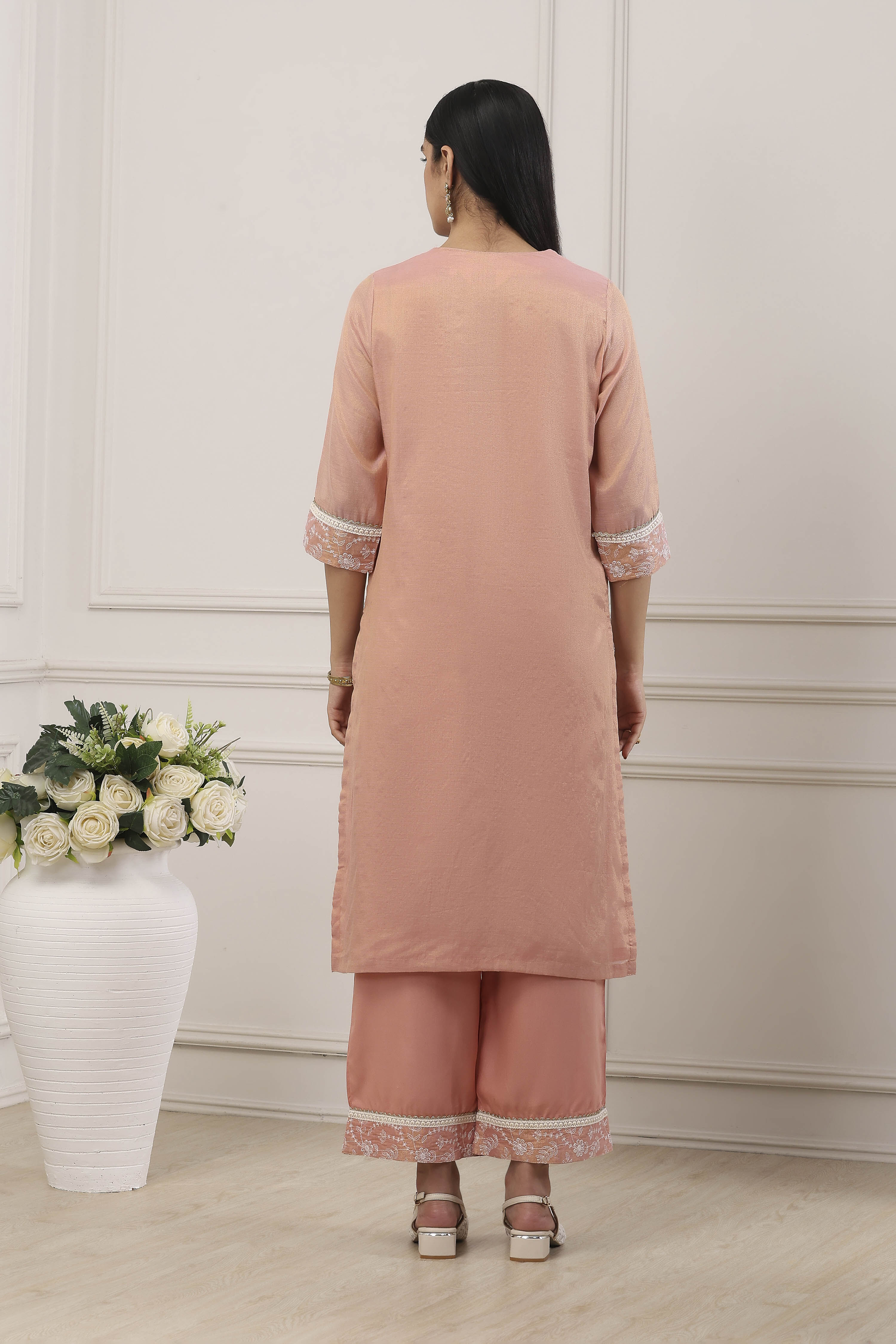 Yellow Zari Cotton Tissue Straight Suit Set image number 4