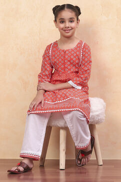 Orange and White Cotton Printed Straight Kurta Set image number 0