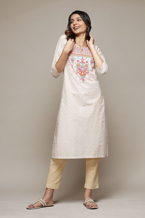 Cream Cotton Straight Printed Kurta image number 0