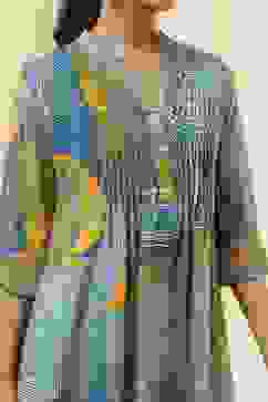 Blue Printed Pleated A-Line Kurta image number 1