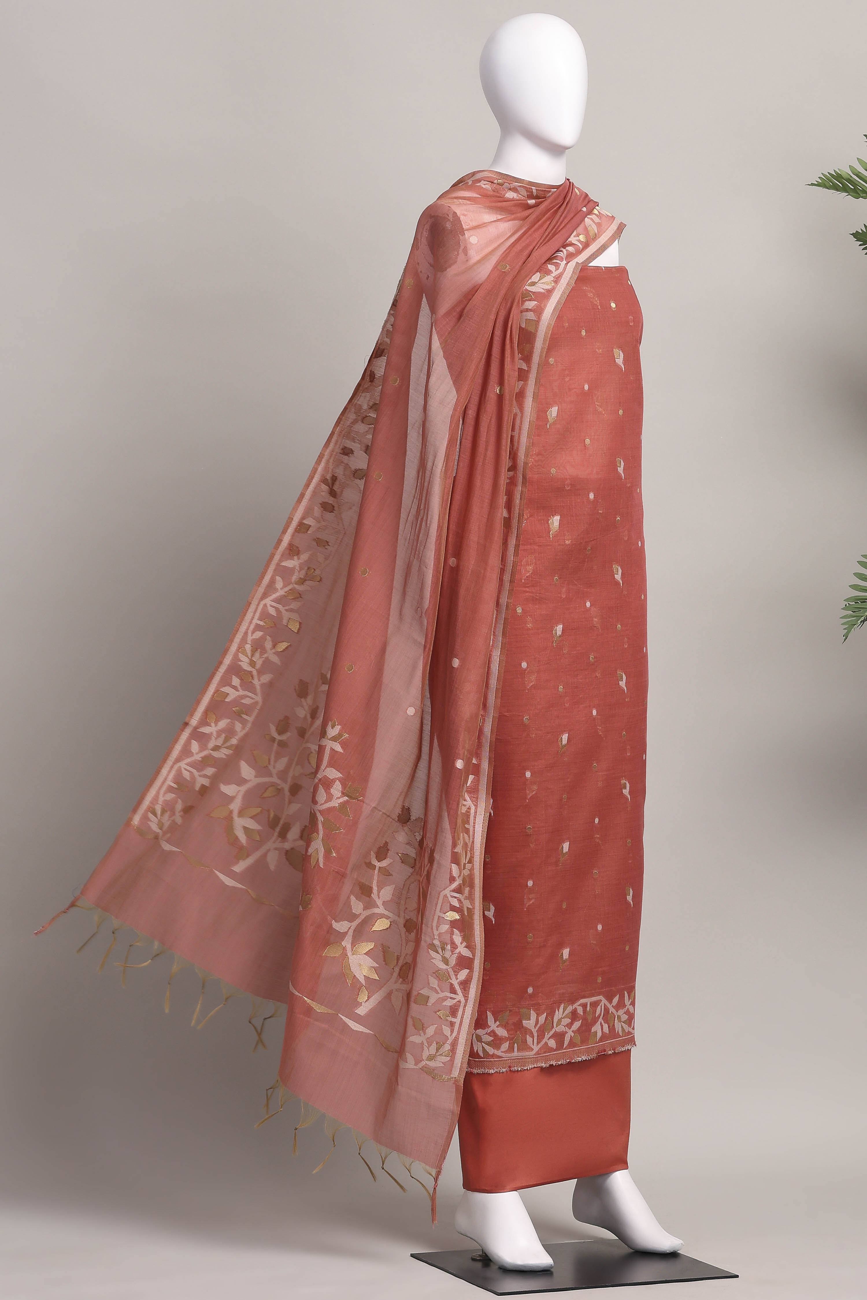 Rust Cotton Jamdani Unstitched Suit Set image number 4