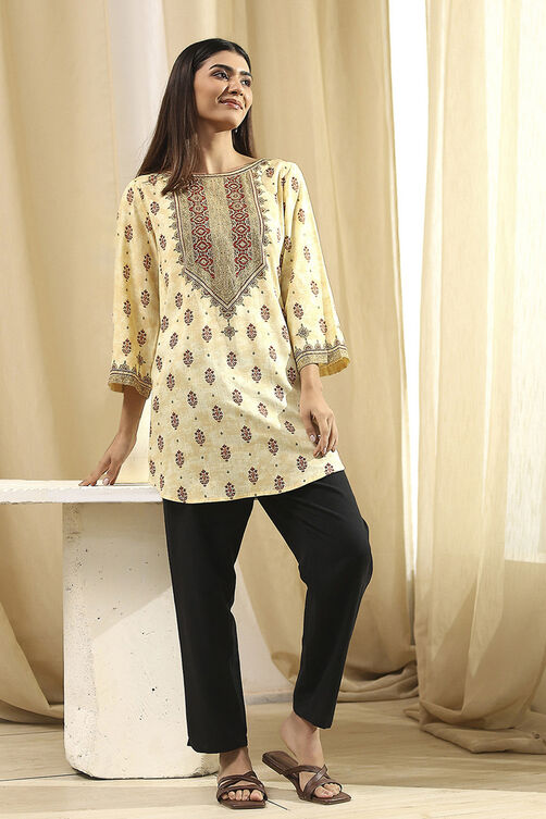 Beige Viscose Printed Straight  Short Kurta image number 0