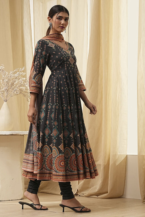Ecru Cotton Printed Anarkali Suit Set image number 5