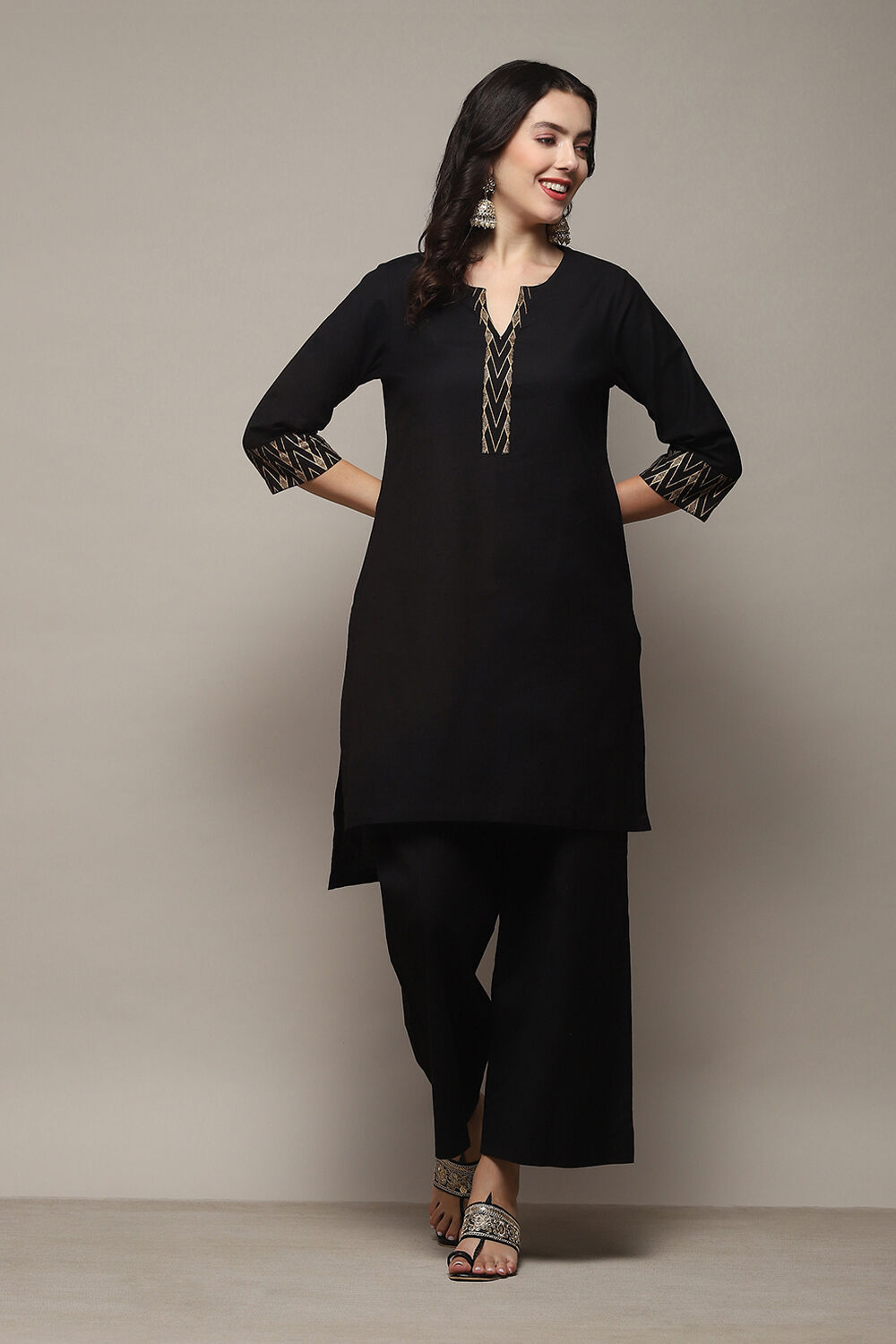 Black Cotton Blend Relaxed Kurta Palazzo Suit Set image number 0