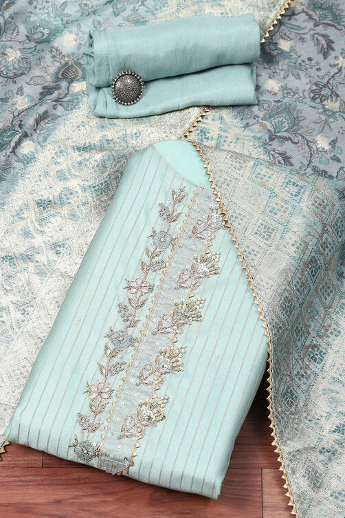 Sky Blue Chanderi Hand Embroidered Unstitched Suit Set image number 0