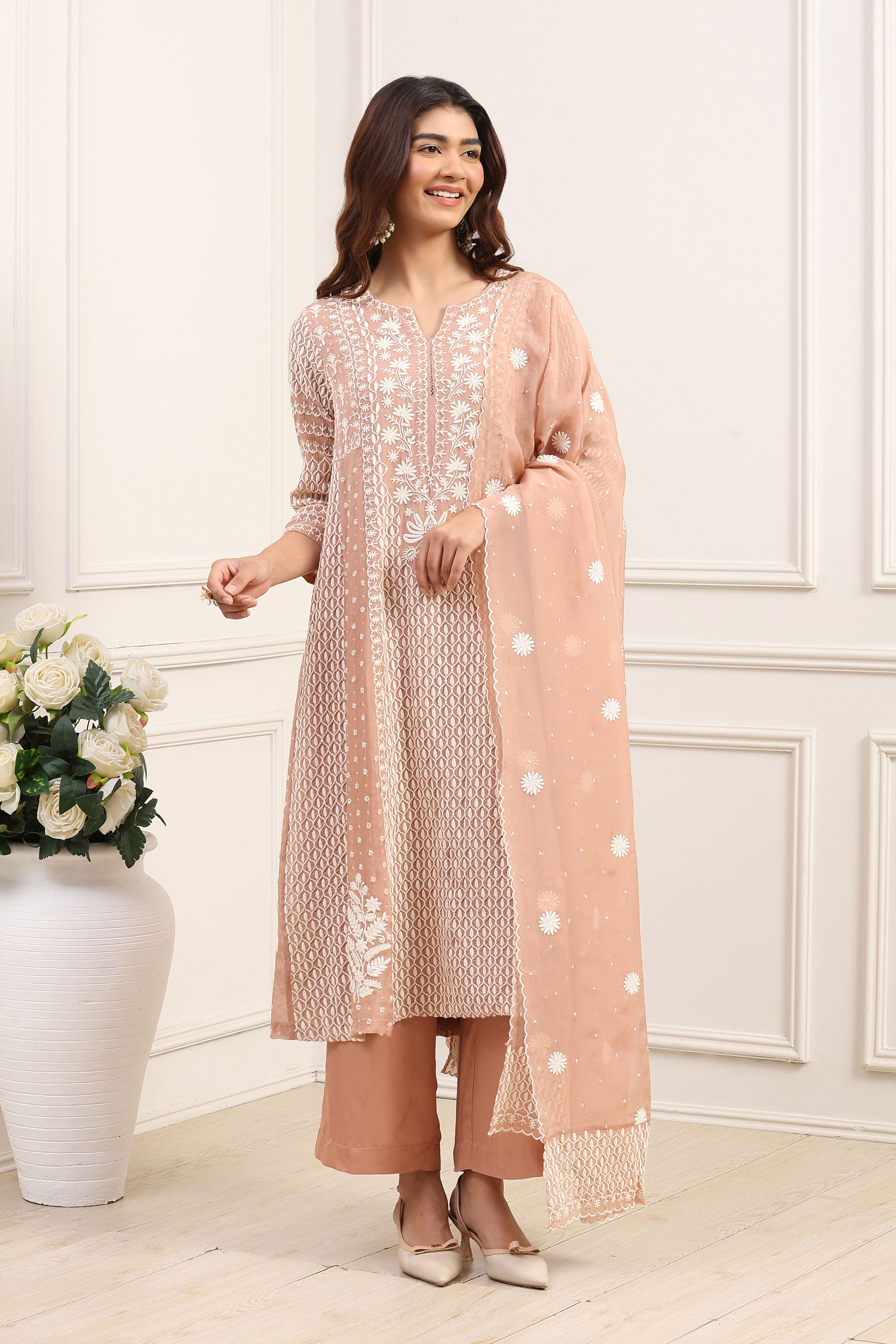 Beige Viscose Organza Embroidered Straight Suit Set image number 6