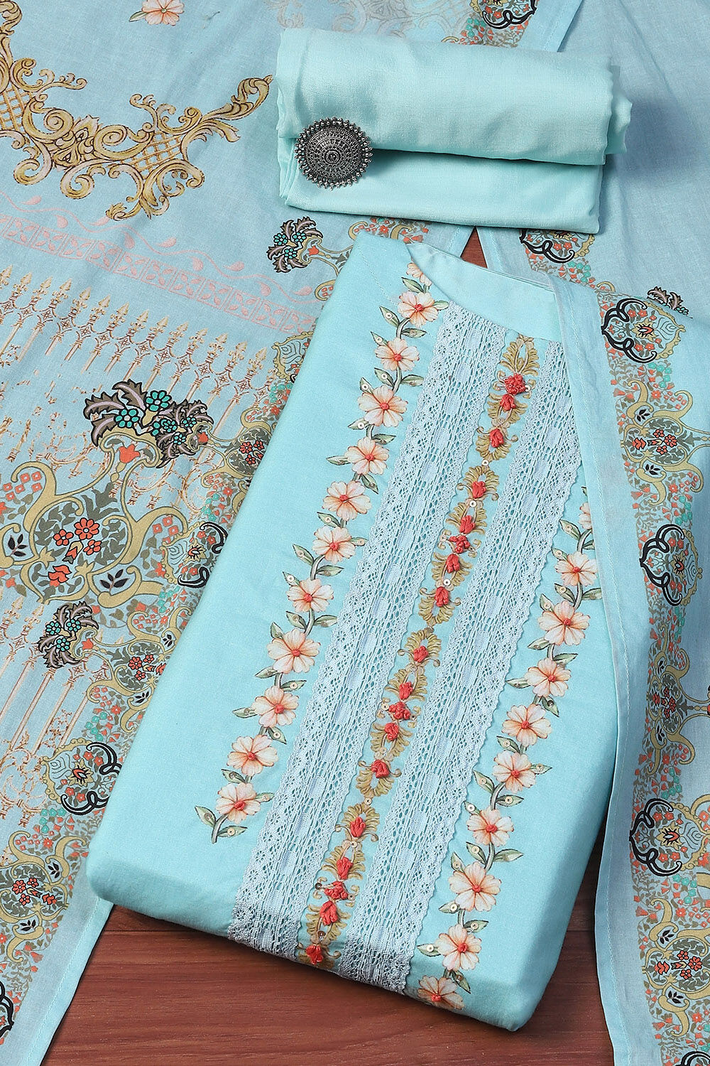 Aqua Cotton Unstitched Suit set image number 0