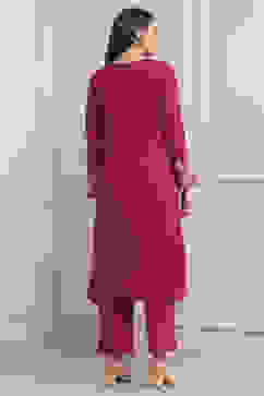 Fuchsia Polyester Embroidered Straight Kurta image number 3