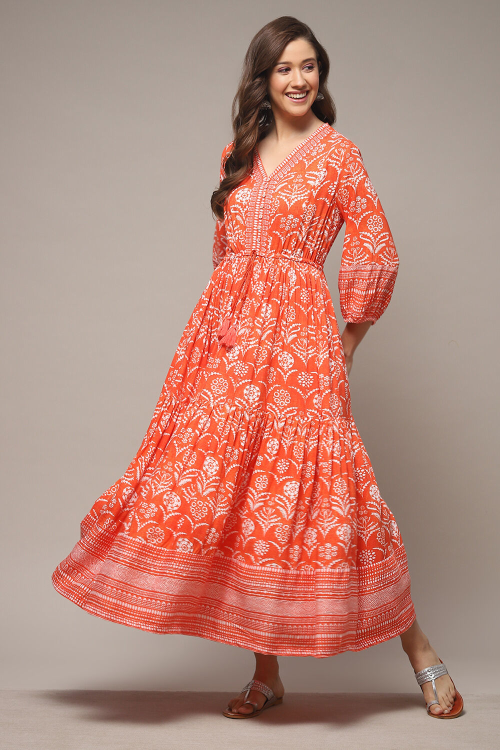 Orange Printed Tiered Dress image number 0