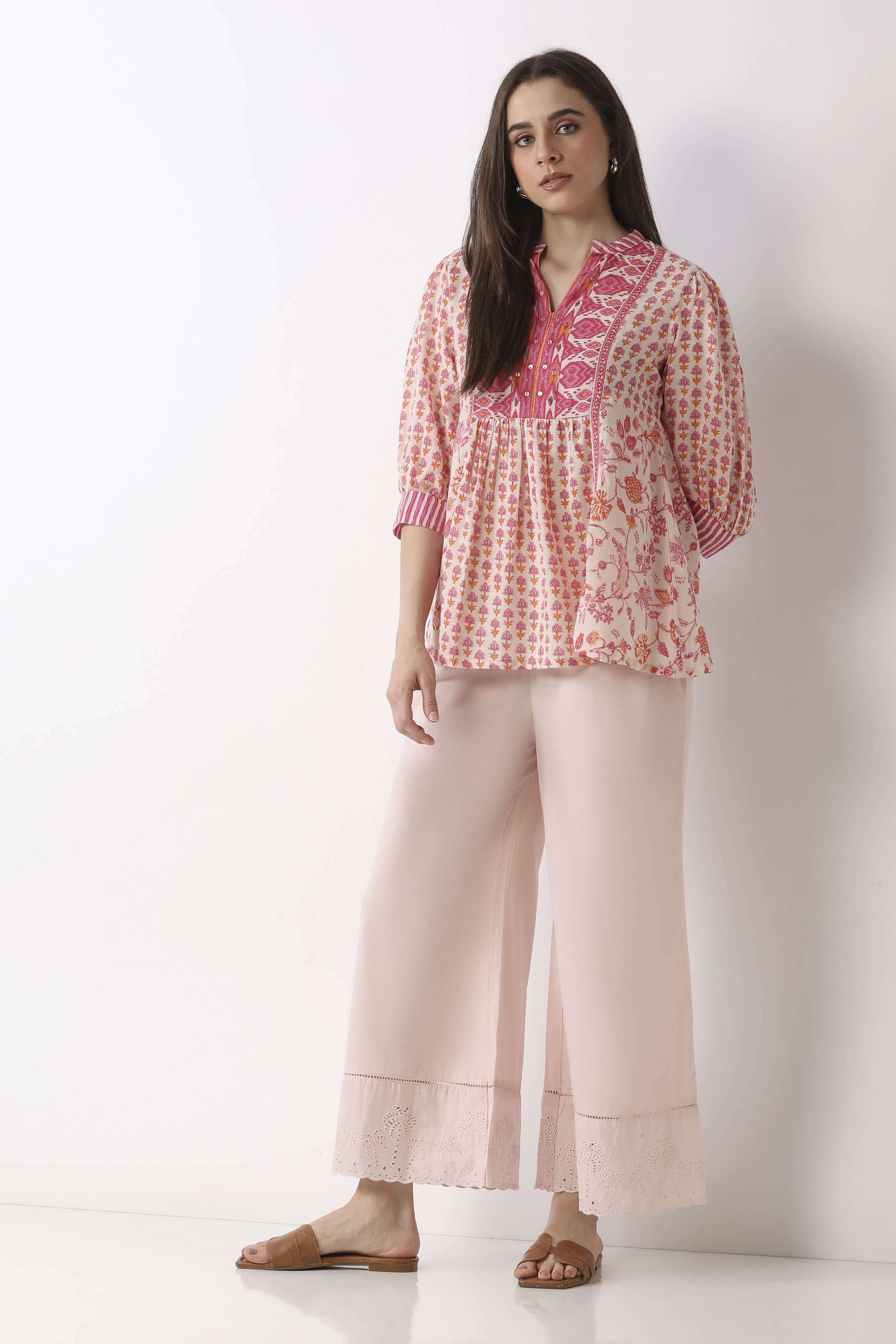Light Pink Cotton Flared Palazzos image number 0