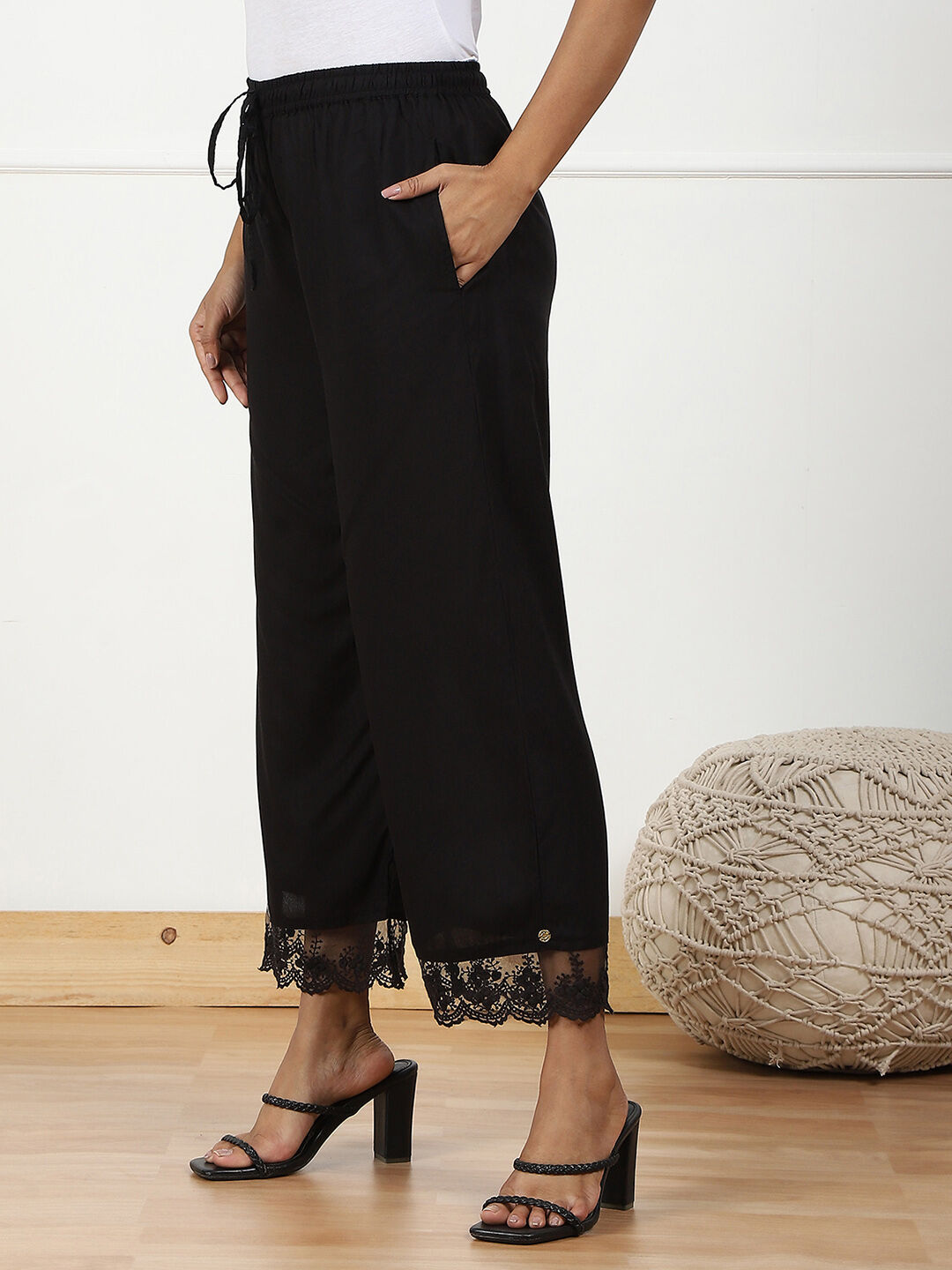 Black Rayon Regular Solid Palazzo image number 2