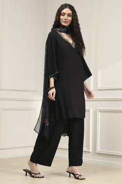 Black Solid Relaxed Straight Suit Set image number 5