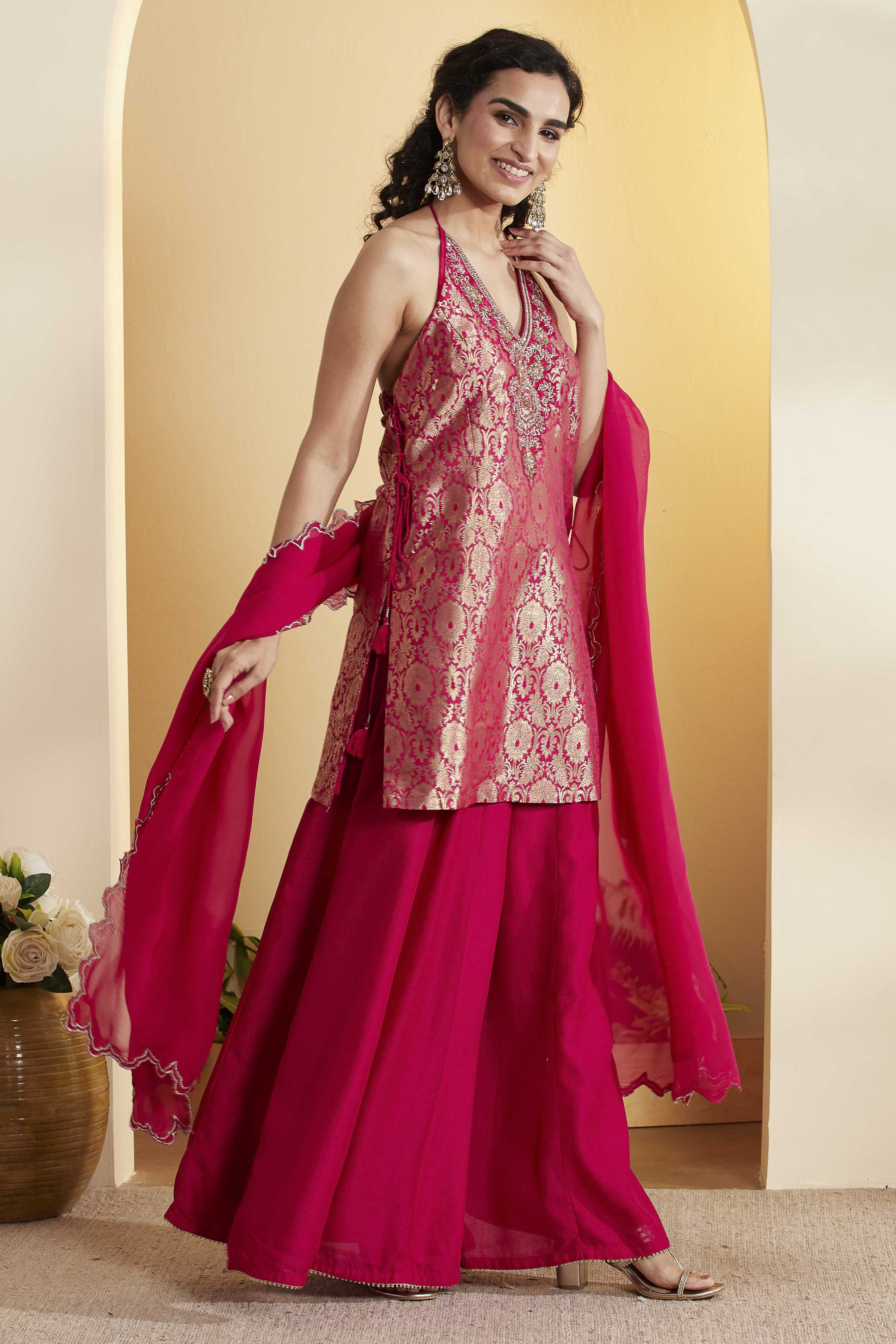 Fuschia Viscose Rayon Straight Suit Set image number 4