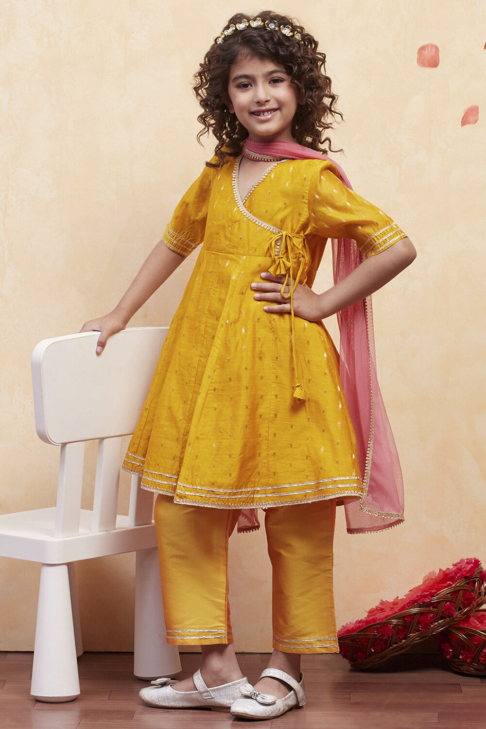 Yellow Yarn Dyed Angrakha Anarkali Suit Set image number 0