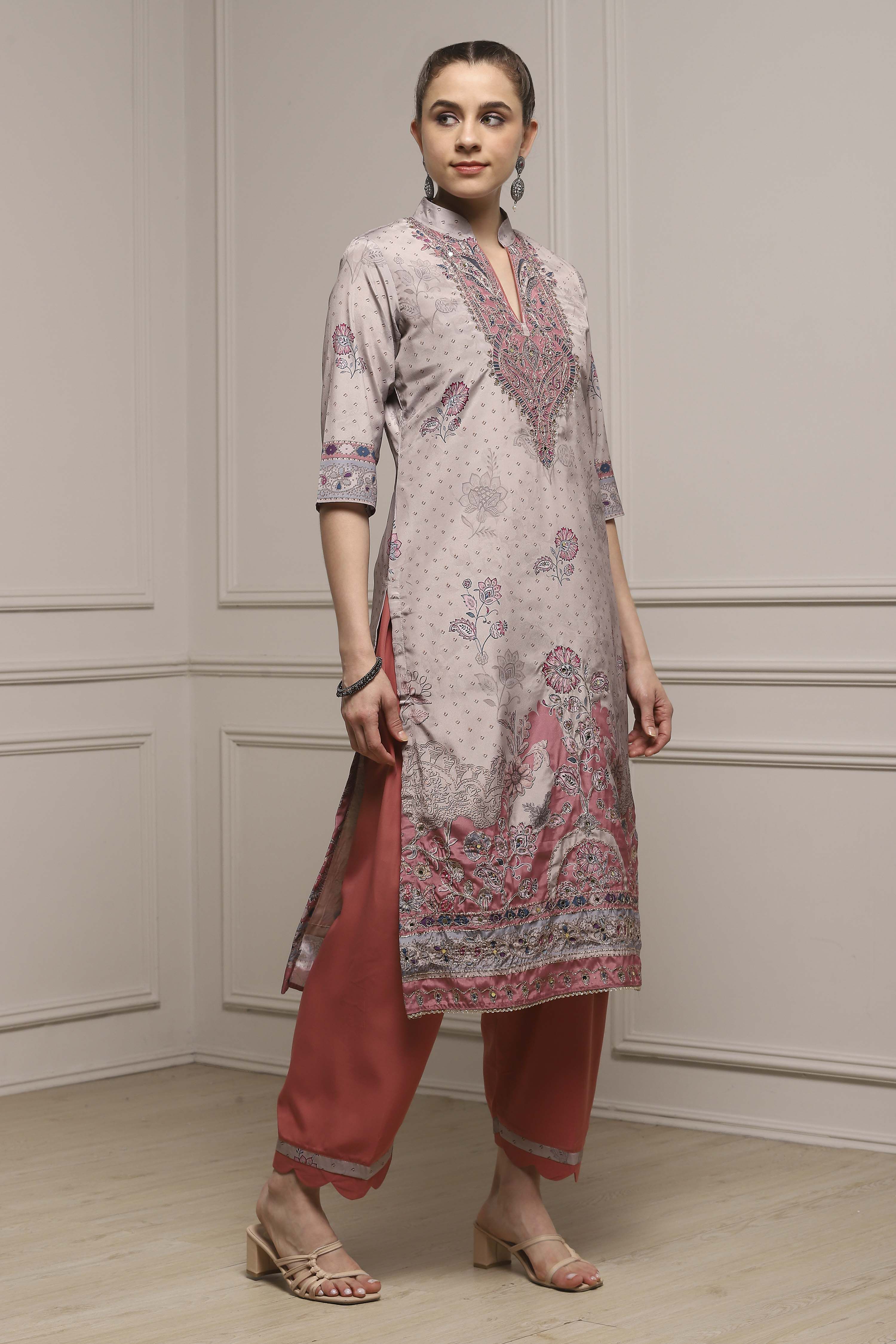 Brown Poly Crepe Digital Print Unstitched Suit Set image number 6