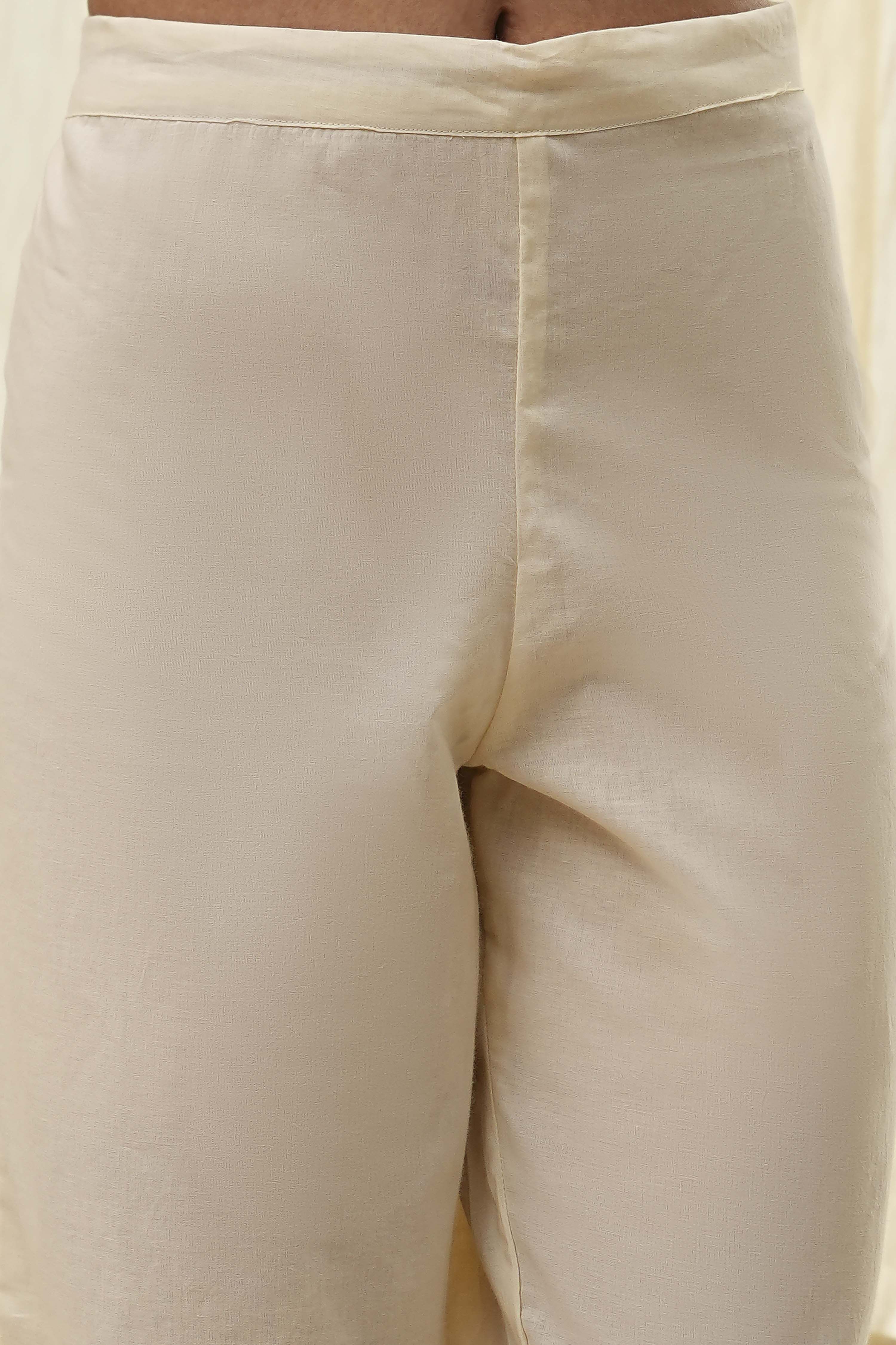 Cream-Colored Cotton Solid Regular Pants image number 1