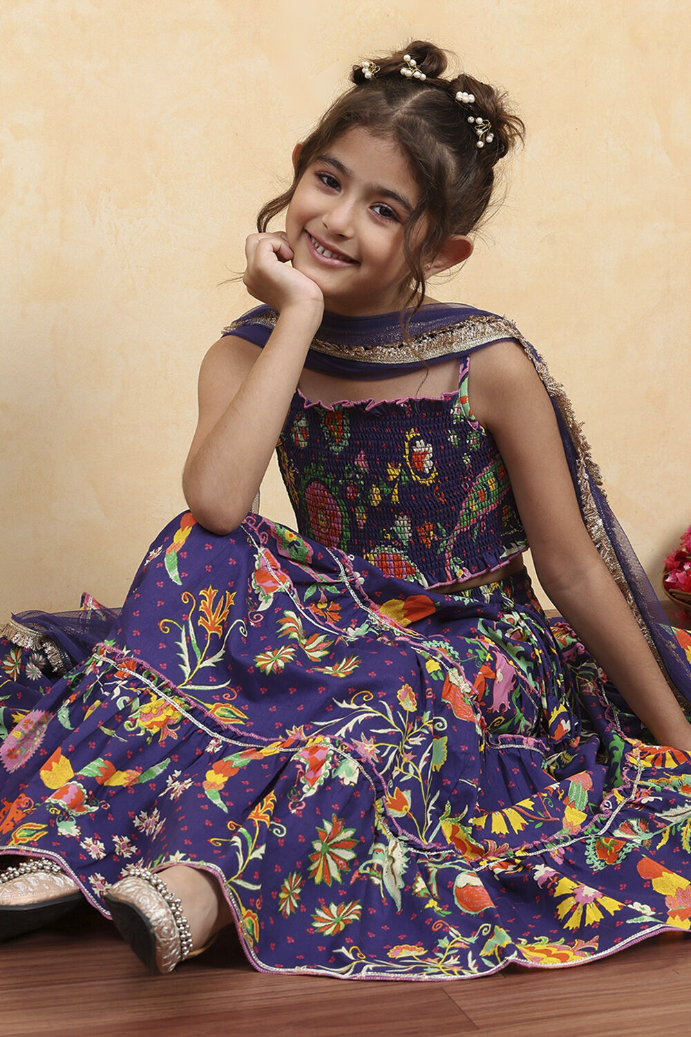 Purple Cotton Printed Tiered Lehenga Set image number 0