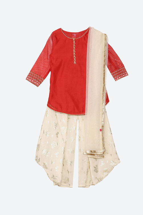 Red Art Silk Straight Kurta Dhoti Salwar Suit Set image number 0