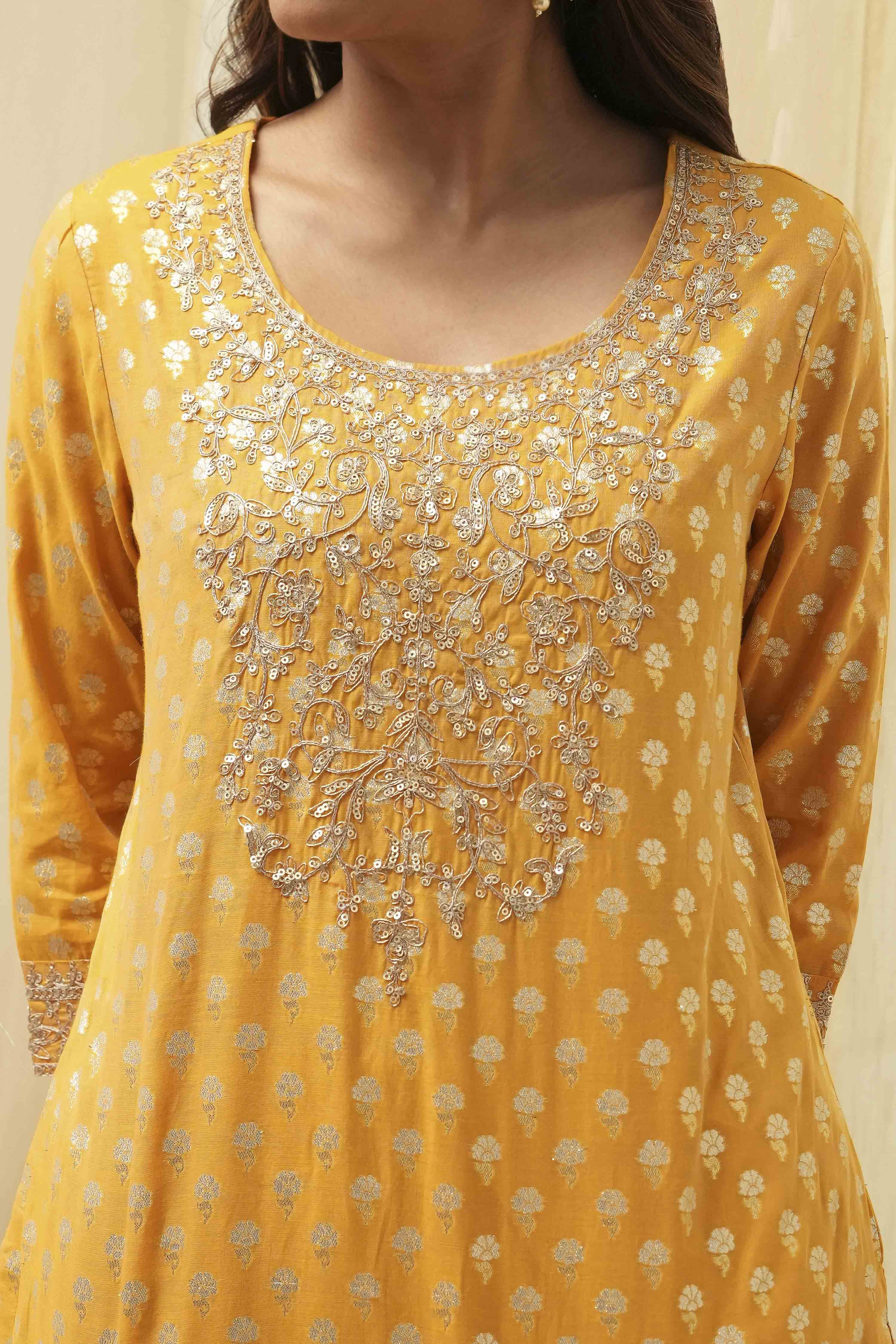 Ochre Yellow Embroidered Straight Suit Set image number 1