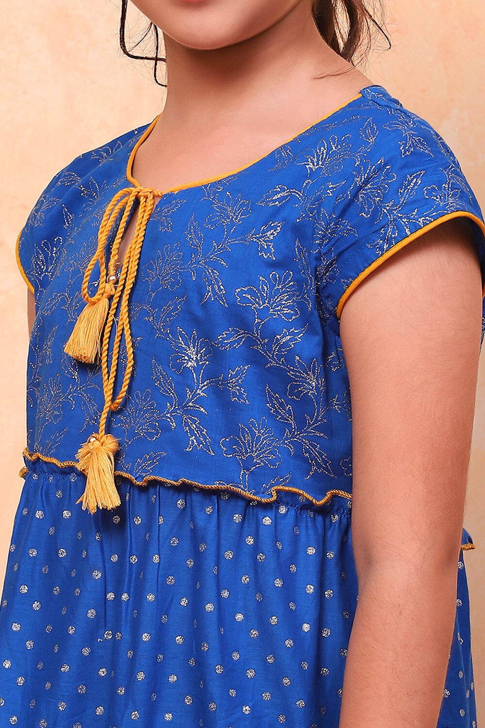 Blue Cotton Printed Tiered Festive Flared Suit Set image number 1