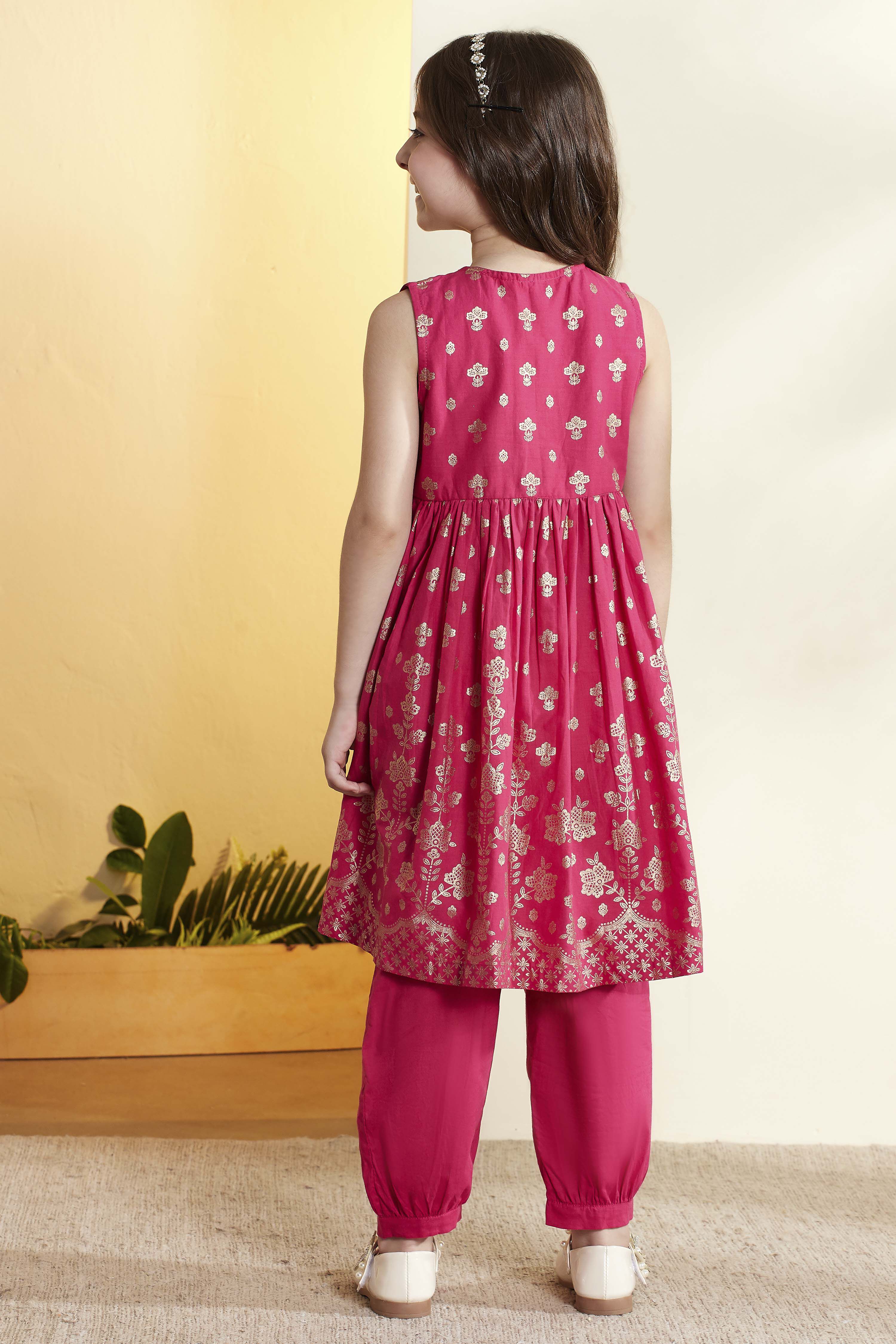Pink Cotton Printed Gathered Kurta Pants Set image number 5